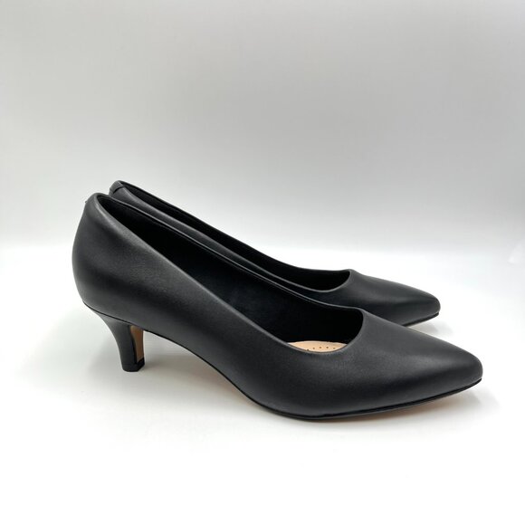 8W 8 WIDE WIDTH Clarks Womens Linvale Jerica Black Leather Pumps Heels Shoes - Picture 1 of 13